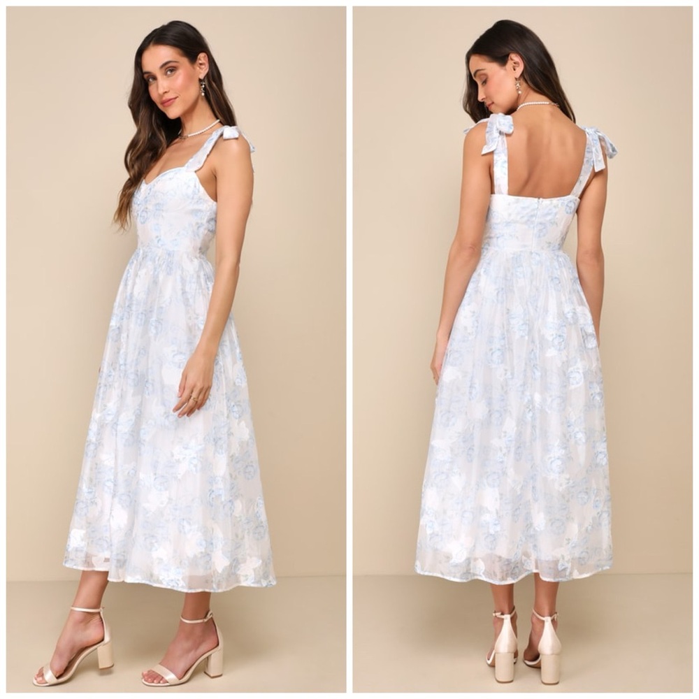 Lulus White Baby Blue Floral Burnout Tie-Strap Sweetheart Midi Dress Size M - Picture 3 of 7